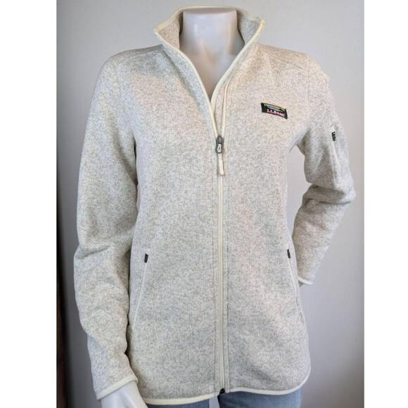 L.L. Bean Womens Sweater Jacket Medium Beige Fleece Lined Full Zip Cabincore - Picture 2 of 11